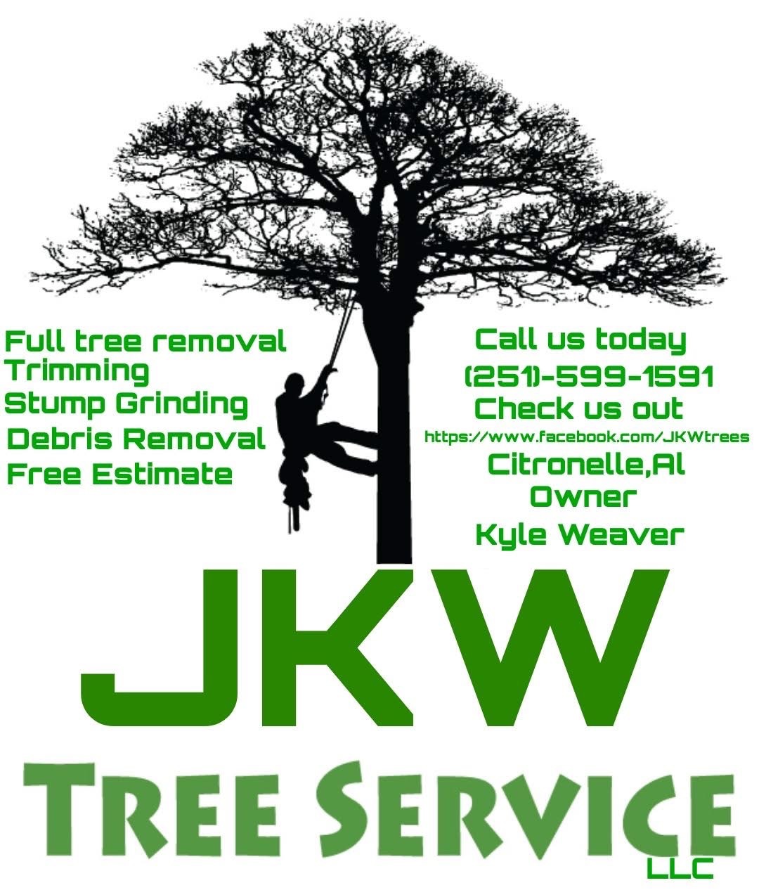 JKW Tree Service LLC business artwork featuring a tree and climber